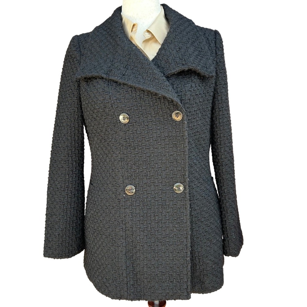 Womens Petite Pea Coat Gray Wool Blend Bouclé Double Breasted Calvin Klein 14P‎
